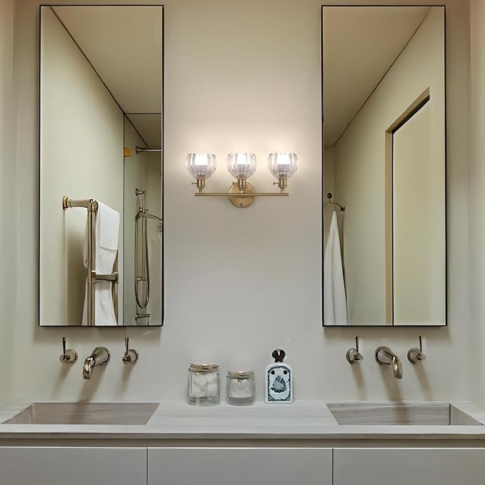 Battery Operated Bathroom Light Fixtures, 3-Light Brass Vanity Wall Light with 5000mAh Rechargeable Bulb Over Mirror with Clear Tulip Glass Shade for Bedroom Living Room