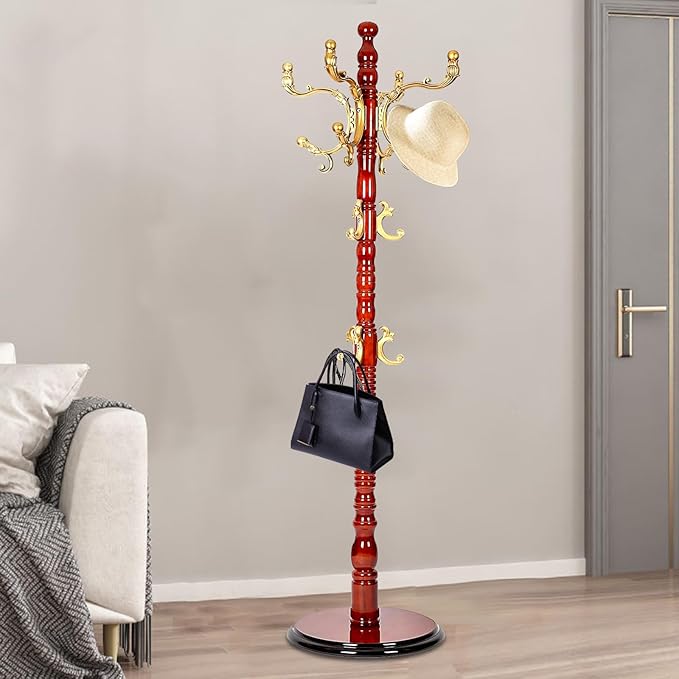 Wooden Coat Rack Stand, High-Grade Coat Racks freestanding with 14 Hooks & Stable disc Base, Easy to Assemble Coat Hanger Stand, for Entryway, Hallway, Bedroom and Office (Begonia)