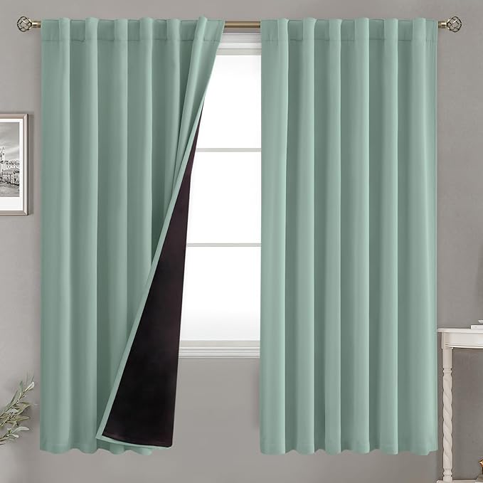 BGment Blackout Curtains with Thermal Insulation Liner Curtains 72 Inches Long, Rod Pocket and Back Tab Double Layer Room Darkening Window Curtain for Bedroom(52 x 72 Inch, 2 Panels, Frosty Green)