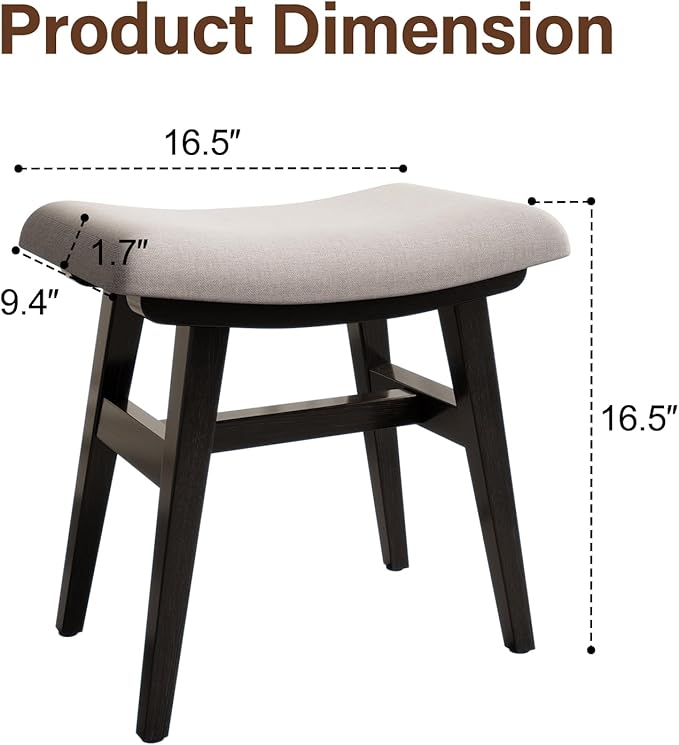Solid Wood Small Vanity Stool, Compact Makeup Chair with Saddle Cushion, Linen-Covered High Rebound Sponge Seat, Easy Assembly Footstool for Bedroom, Entryway, Home, Black