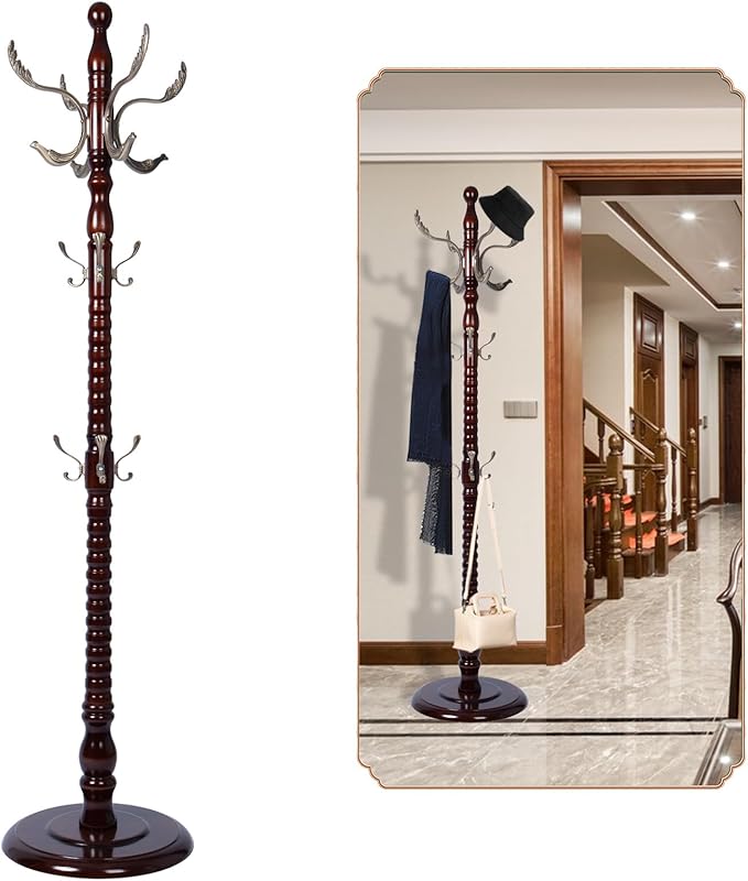 Coat Rack Freestanding, Wooden Tree Coat Rack Stand with 2 Adjustable Sizes Coat Tree and 14 Hooks, Sturdy Hall Tree with Solid Round Base for Entryway, Hallway, Bedroom (Reddish Brown-Metal Hook)
