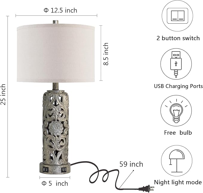 25'' Set of 2 Industrial Table Lamps for Living Room with Dual USB Ports, Vintage Resin Nightstand Lamp for Bedroom with Nightlight, Antique Rustic Desk Lamp for Entryway, 2 Bulbs Included