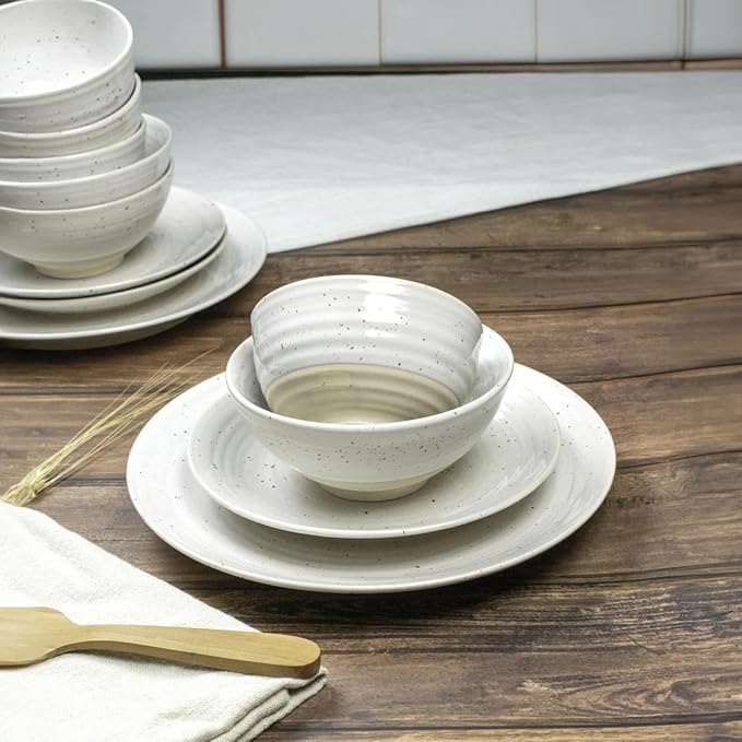Sango Siterra 16-Piece Rustic White Stoneware Dinnerware Set – Service for 4, White with Glossy Speckle Overlay, for Everyday Dining & Entertainment, Microwave & Dishwasher Safe