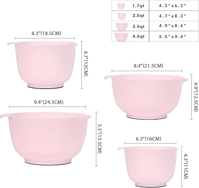 BoxedHome Nesting Plastic Mixing Bowl Set, 4 Piece Mixing Bowl Set with Pour Spouts, Size 1.7, 2.5, 3.5 and 4.5qt, for Prepping, Mixing, Baking, Cooking(2023 New Version, Pink)