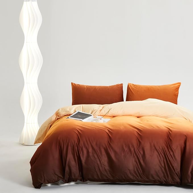 CLOTHKNOW Dark Orange Fluffy Full Comforter Set 3Pcs Velvet Bedding Comforter Sets Yellow Beige Comforters Soft Caramel Comforter with 2 x Pillowcases