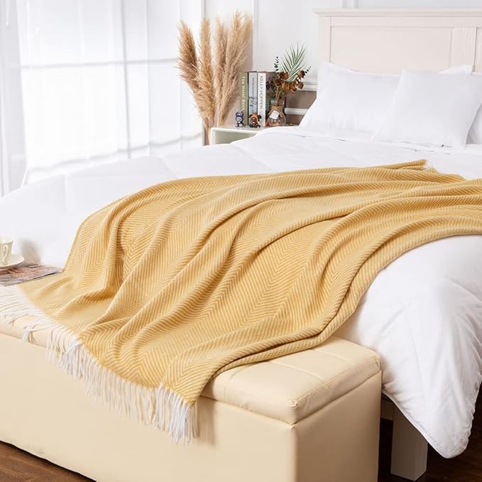 Gealaek Decorative Herringbone Faux Cashmere Throw Blanket Yellow Cheveron Fringe Lightweight Fuzzy Soft Cozy Throws for Sofa Bed Farmhouse Throw Blanket 50" x 60"