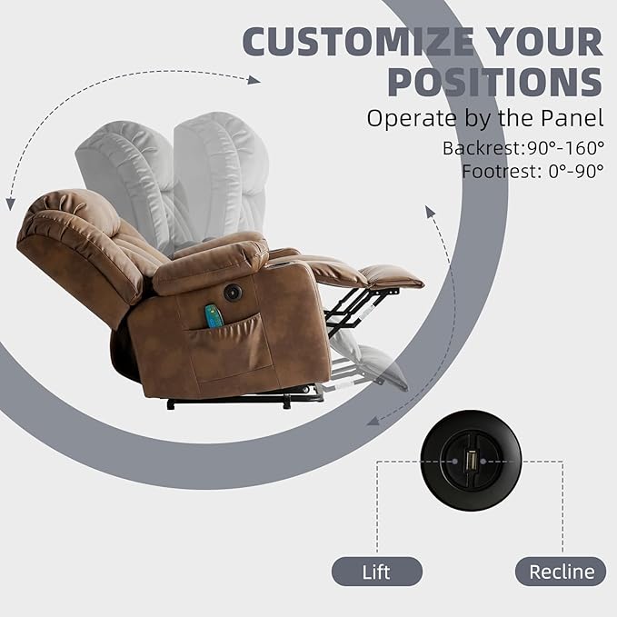 Power Lift Recliner Chair for Elderly, Electric Recliner Chairs for Adults with Massage and Heat, Cup Holders, Remote Control, USB Ports, Side Pockets, Leather (Ochre)