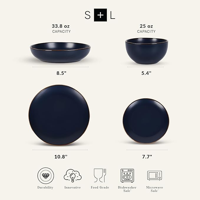 Stone Lain Brasa Modern Stoneware 16 Piece Dinnerware Sets, Plates and bowls Sets, Dish Set for 4, Blue