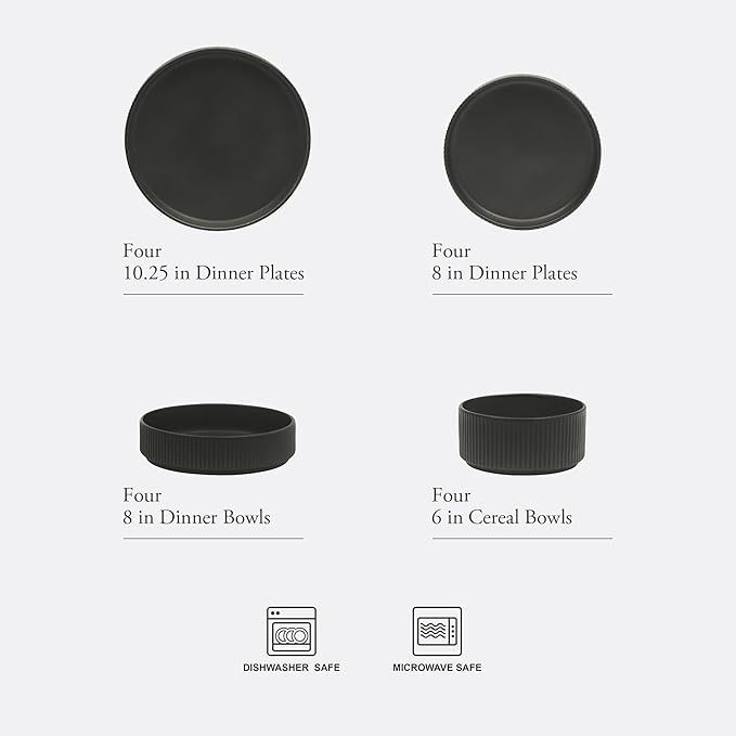 Gibson Elite Deerfield 16-Piece Stoneware Dinnerware Set – Matte Black Reactive Glaze Plates and Bowls, Stackable, Modern Design, Service for 4 – Microwave & Dishwasher Safe