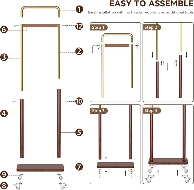 Clothes Rack Solid Wood Coat Rack, Metal and Solid Wood Combination Clothing Rack with Wheels for Entryway, Bedroom, Living Room, Coat Racks Freestanding for Hanging Clothes Garment Scarf