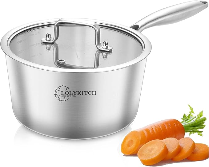 LOLYKITCh Tri-Ply 3 QT Stainless Steel Saucepan with Lid,Dia.20CM Induction Cooking Sauce Pot,Oven & Dishwasher Safe,Detachable Handle.