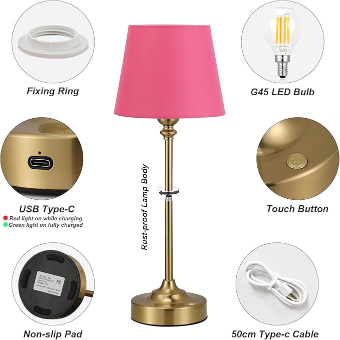 Cordless Table Lamps Rechargeable Set - 2 Pack Brass 4000mAH Battery Operated Lamps for Decor, 3000K Stepless Dimming Touch Control Wireless Lamps for Bedroom, Dining Table, Living Room, Rose Shade
