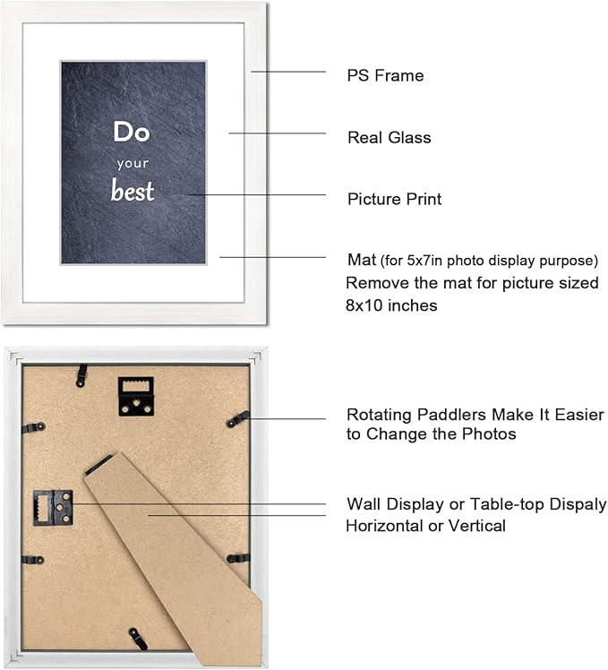 8x10 Picture Frame Set of 3 with Real Glass for Pictures 5x7 with Mat or 8x10 Without Mat, Wall Mounting or Tabletop display Photo Frames in White