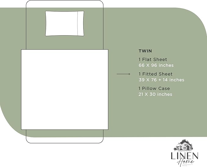 Linen Home 100% Cotton Percale Sheets Twin Size, Oil Green, Deep Pocket, 3 Pieces Set - 1 Flat, 1 Deep Pocket Fitted Sheet and 1 Pillowcase, Crisp Cool and Strong Bed Linen
