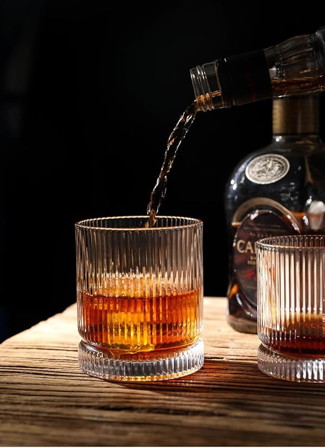 Crystal Old Fashioned Whiskey Glasses Set of 12, 12 Oz Ribbed Bourbon Glass, Ultra-Clarity Double Base Liquor Vodka rocks Cocktail Scotch Tumbler Bar Glasses Set