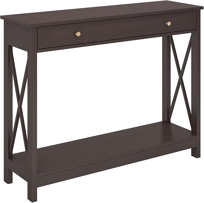 Treocho Black Console Table with Drawer and Storage Shelves, Foyer Sofa Table Narrow for Entryway, Living Room, Hallway