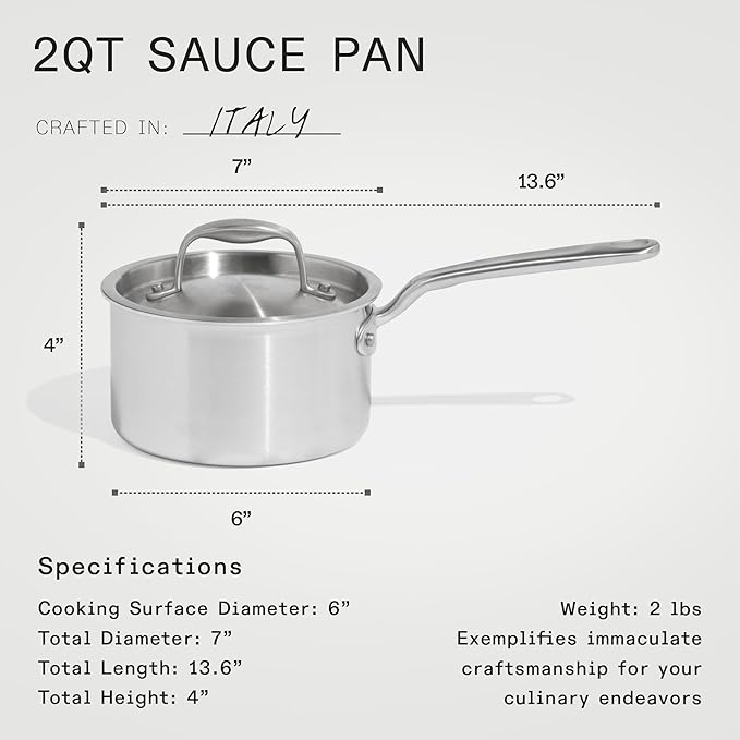 Made In Cookware - 2 QT Ceramic Non Stick Saucepan with Lid - 5-Ply Stainless Clad with Stay-Cool Handle - Professional Cookware - Crafted in Italy - Induction Compatible