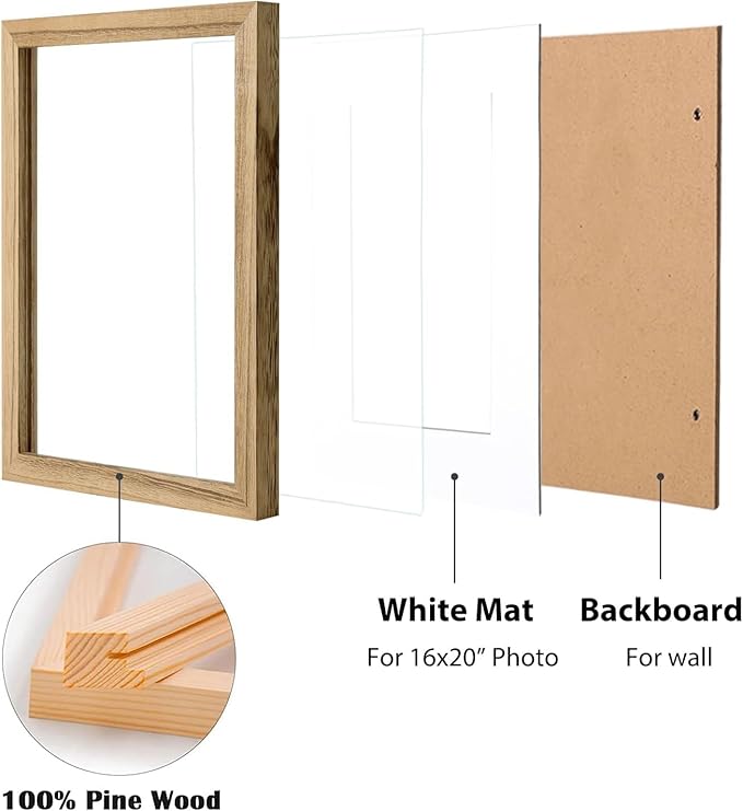Egofine 16x20 Picture Frame, Made of Solid Wood Covered by Plexiglass 11x14/12x16 with Mat 16x20 without Mat, Poster Frame for Wall Mounting Photo Vertically or Horizontally, Carbonized Brown