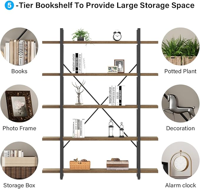 HSH Industrial Wood and Metal 5 Tier Bookshelf, Large Tall Open Rustic Wide Etagere Bookcase, Vintage Farmhouse Modern Wooden Big Book Shelf for Home Living Room Bedroom Office Storage, Rustic Oak