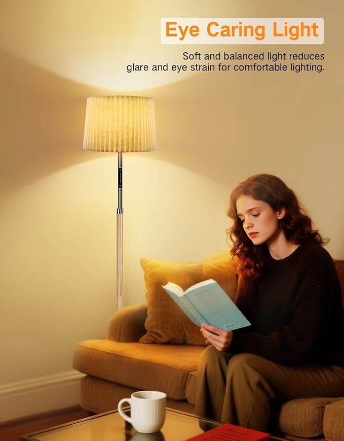 OUTON Wood Floor Lamp, Mid Century LED Modern Dimmable Standing Lamp with Remote & Touch Control, 4 Color Temperatures, Tall Floor Lamps for Living Room, Bedroom, Office, Wood