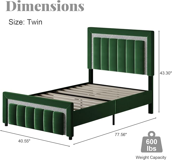 HOMBCK Twin Bed Frames, Twin Size Bed Frames with Upholstered Headboard and Footboard, Velvet Bed Frame with Wooden Salts, No Box Spring Required, Easy Assembly, Green