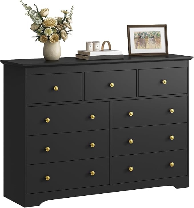 LYNSOM Modern 9 Drawer Dresser, 55.1" Wide Dressers & Chests of Drawers with Large Capacity Storage, Mid Century Black Dresser for Bedroom, Hallway, Black