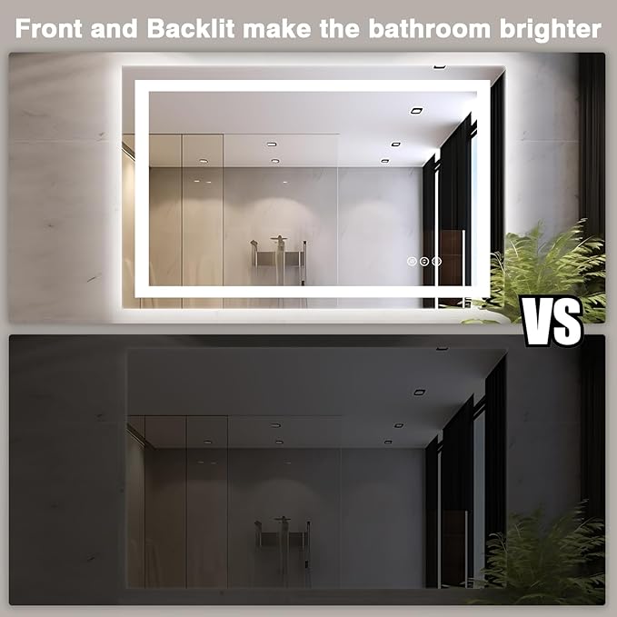 48"x32" LED Bathroom Mirrors for Wall, Front and Backlit Mirror, Anti-Fog Vanity Mirror with Lights, Stepless Dimmable Lighted Mirror, 3 Colors Smart Mirror (Horizontal/Vertical)