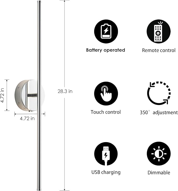 Battery Operated Wall Sconces with Remote Control, Dimmable Wall Sconces Set of Two, 350°Rotate, 3000K LED Chrome Wireless Wall Light for Living Room, Bedroom, Hallway, 28.3 Inch (2 Pack)
