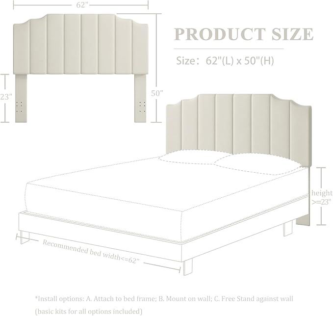 Queen Size Headboard Only, Velvet Wall Mounted Headboard Queen/Full Size for Adjustable Bed, Modern Vertical Channel Design with Curved Tufted Upholstered Head Board, Cream