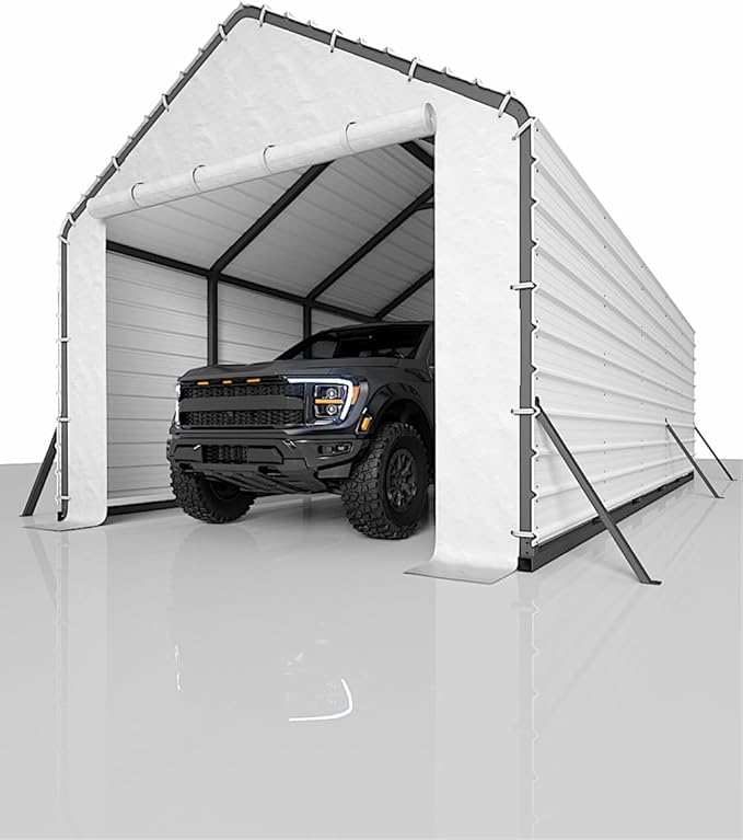 Door Panels with Zippers Tarp for Metal Carport 13x26 Ft, 13x21 Ft, and 13x16 Ft, 2 Pcs Door Panel with 32 Ball Bungees, White & Black