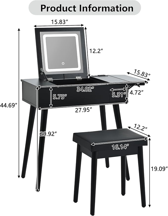 Black Makeup Vanity Desk with Flip Top Mirror and LED Light, Dressing Table Set with Cushioned Stool, Charging Station, 2 Drawers and Fold-up Panel for Bedroom ﻿