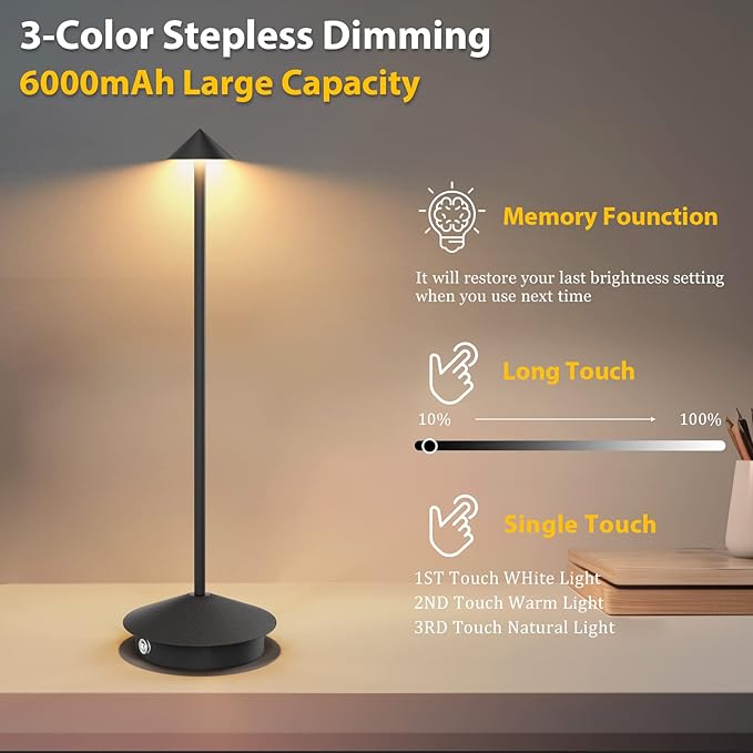 2-Pack 6000mAh Rechargeable Led Table Lamp Cordless,3000K-6000K Stepless Dimming Touch Lamps with Memory Function,IP54 Waterproof Aluminum Table Light for Outdoor/Bars/Restaurant/Patio(Black)