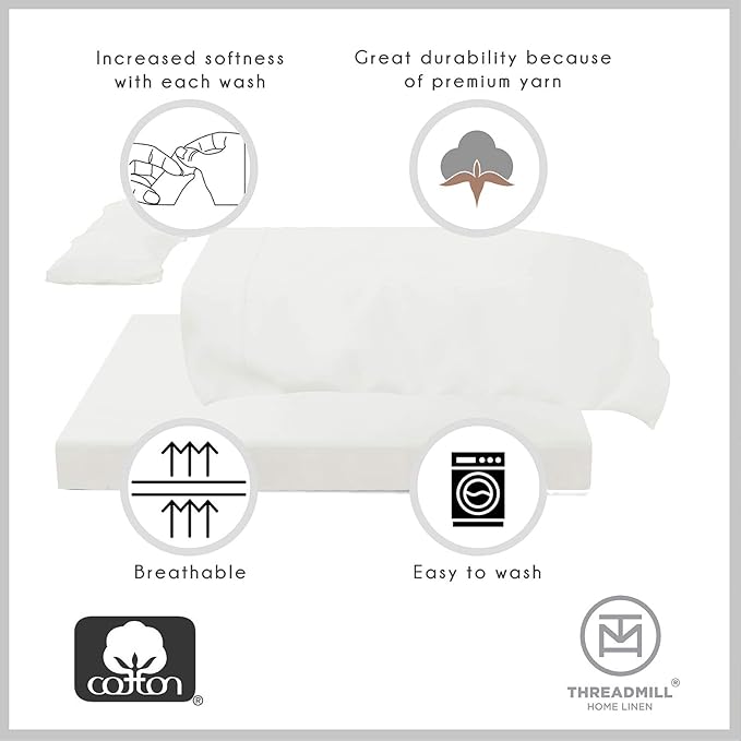 Threadmill 100% Cotton Hypoallergenic/Breathable/Stain-Resistant, 500 Thread Count, Solid 4-Piece Bed Sheet Set (1 Flat, 1 Fitted Sheet, 2 Pillow Covers), Queen White Sheets Set