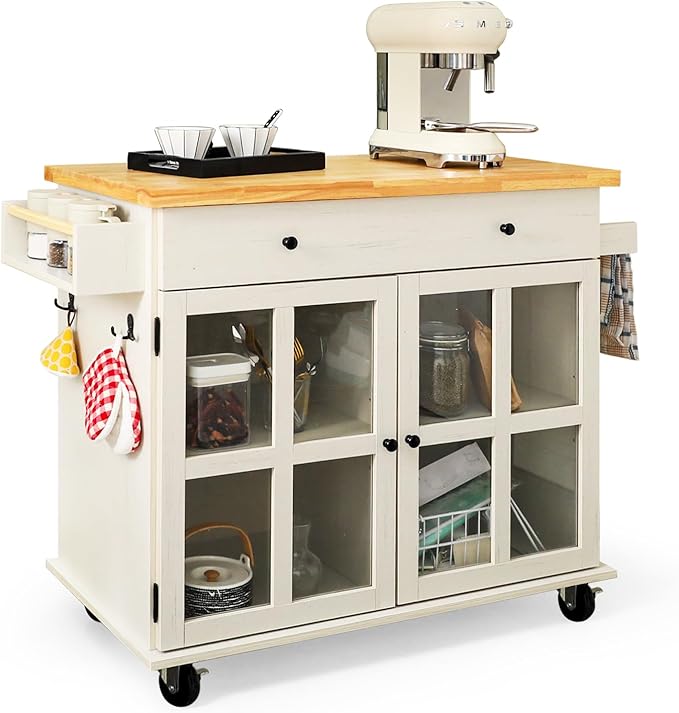 Rolling Kitchen Island with Storage on Wheels, 37.4" Island Table for Kitchen, with 2 Drawers, Adjustable Shelves, Towel & Spice Racks, Solid Pine Top - Warm Beige