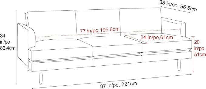 Valencia Grosseto 87” Cognac Tan Brown 3 Seater Full Leather Sofa | Mid Century Italian Nappa Leather Couch for Living Room Furniture | Double Stitched Seams, Removable Cushions