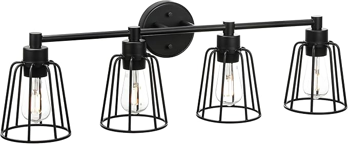 XiNBEi Lighting Farmhouse Vanity Light for Bathroom, 4 Light Industrial Bathroom Lighting Fixtures Over Mirror in Matte Black Finish, Vanity Lights with Cage Shade XB-W1287-4-MB