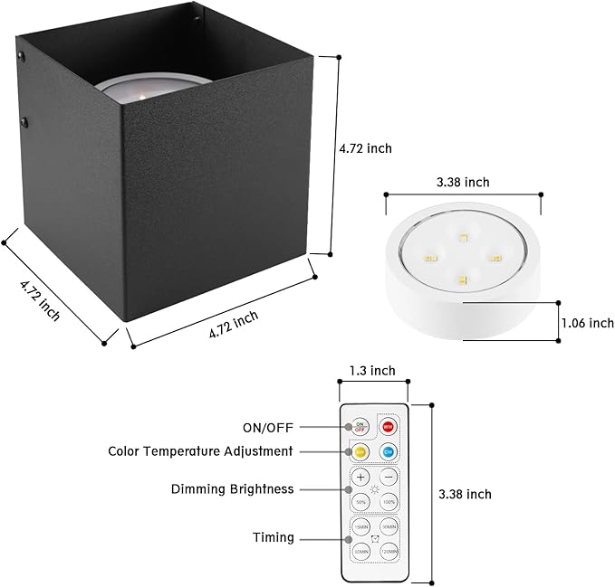 HEQIQEH Modern Style Battery Operated Wall Sconces, LED Cube Indoor Up and Down Wall Lamp with Remote Control, Dimmable Cordless Wall Lighting Fixtures for Living Room,Bedside (Black - 3 Pack)
