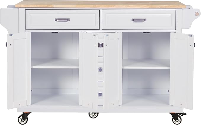 Generic 60.5"" Kitchen Island on Wheels, Rolling Island Table for Kitchen with Double Storage Cabinet and 5 Drawers, Portable Kitchen Cart with Rubber Wood Top, White, Large