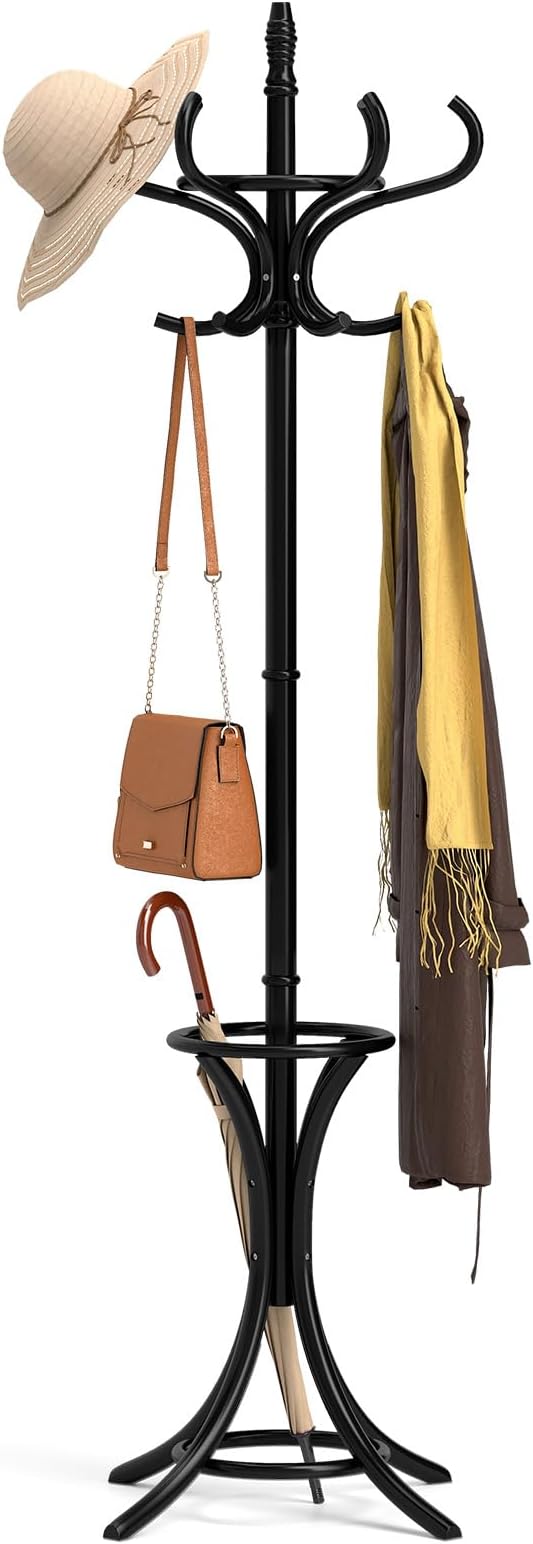 Tangkula Coat Rack with Umbrella Holder, 73 Inch Freestanding Coat Hanger Stand with 12 Hooks, Wooden Entryway Coat Tree for Clothes, Bags, Hats, Scarves, Living Room, Bedroom, Hallway (Black)