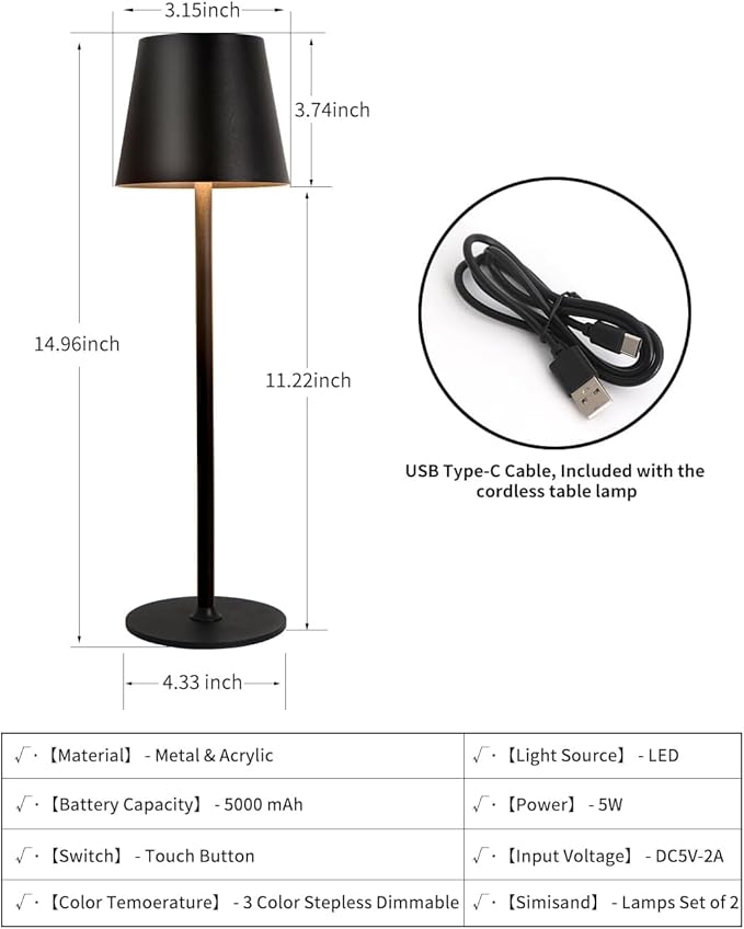 Cordless Table Lamp, Rechargeable Black, 5000mAH Battery Operated Lamp, 3 Color Stepless Dimming Outdoor LED Wireless Lamp for Bedroom/Restaurant/Desk/Cafe/Dining Room