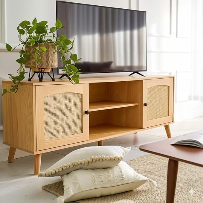 Mid Century Modern Rattan TV Stand for 60" TV - Boho Entertainment Center with 2 Natural Rattan Doors for Living Room, Oak
