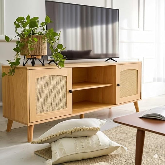 Mid Century Modern Rattan TV Stand for 60" TV - Boho Entertainment Center with 2 Natural Rattan Doors for Living Room, Oak