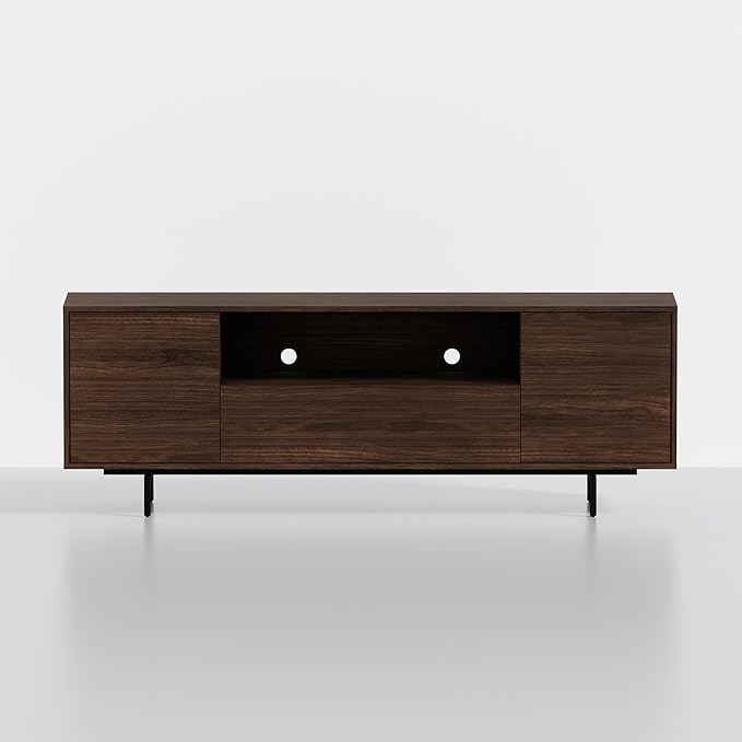 Norrhaus 75-Inch Modern TV Stand – Walnut Finish, 26-Inch Height, No Tools Assembly Technology, Storage Cabinets with Center Channel Speaker Shelf, Mid-Century Modern Design