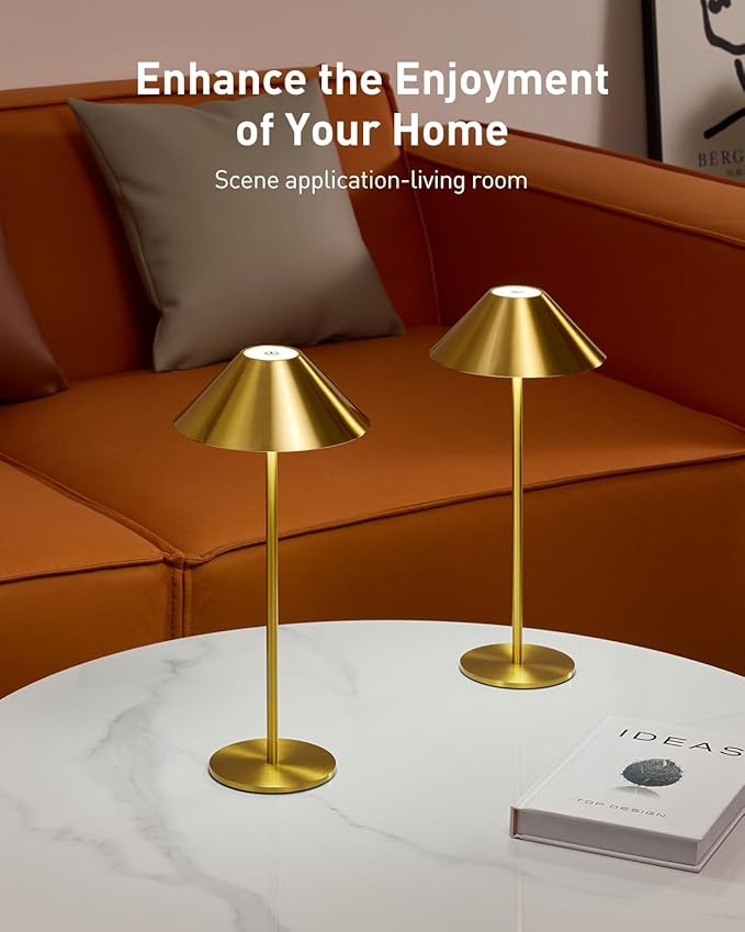 Bojim Gold Cordless Lamp Set of 2, Rechargeable Touch Table Lamps with 3 Color Dimming, Portable Wireless Lamps for Reading/Home Decor