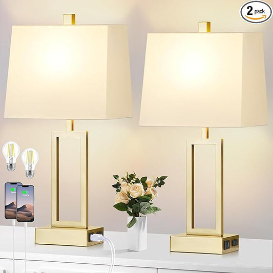 23.5" Touch Control Table Lamps, Metal Bedside Lamp for Bedroom Set of 2 with USB A+C Ports & AC Outlet, 3-Way Dimmable Nightstand Lamp for Living Room (LED Bulb Included)