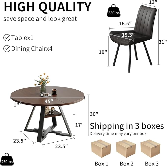 45.3" Walnut Round Dining Table Set with 4 Chairs – Mid-Century Modern Small-Space Kitchen & Dining Room Furniture for Apartment or Breakfast Nook (Walnut – Storage Table + 4 Black Chairs)