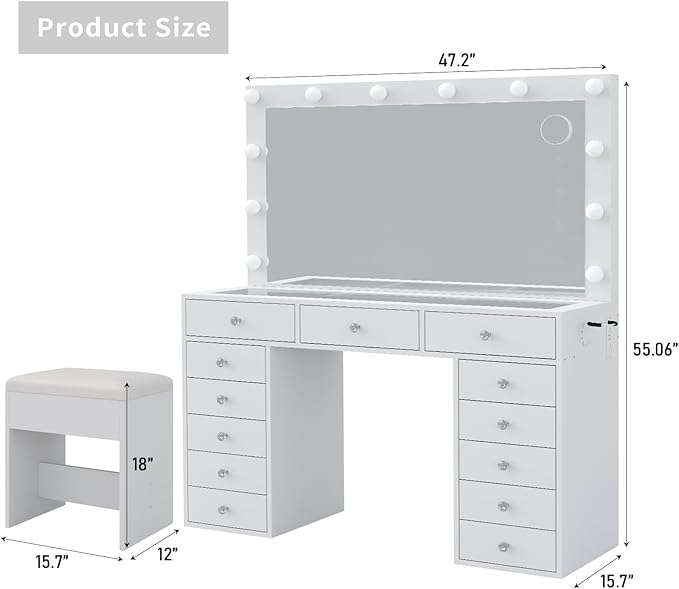 13 Drawers Vanity Desk, 47''W Makeup Vanity with Power Outlet, Vanity Table with Mirror and 12 LED Bulbs, 3 Color Lighting Modes, Glass Top, Dressing Table for Bedroom (White)