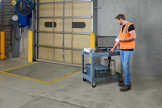 Rubbermaid Commercial Products BRUTE Heavy Duty 2-Shelf Utility/Service Cart, Large, Lipped Shelves, Ergonomic Handle, 750 lbs. Capacity, Black, for Warehouse/Garage/Cleaning/Maintenance/Stadiums