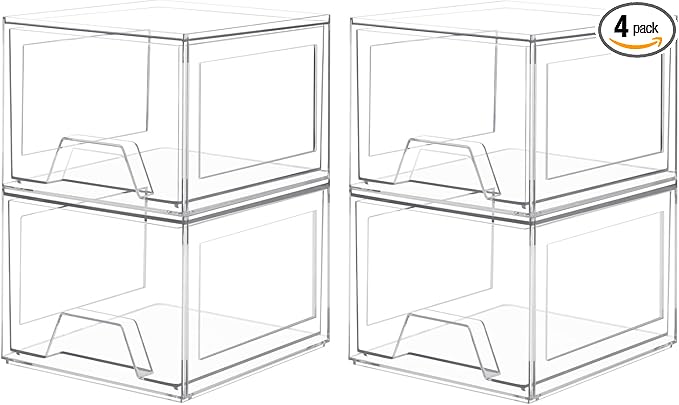 Damomo 4 Pack Stackable Organizer Drawers, 4.4" Tall Clear Bathroom Makeup Organizer and Storage, Acrylic Small Organizers Bins for Vanity, Undersink, Bathroom, Pantry, Kitchen Cabinets