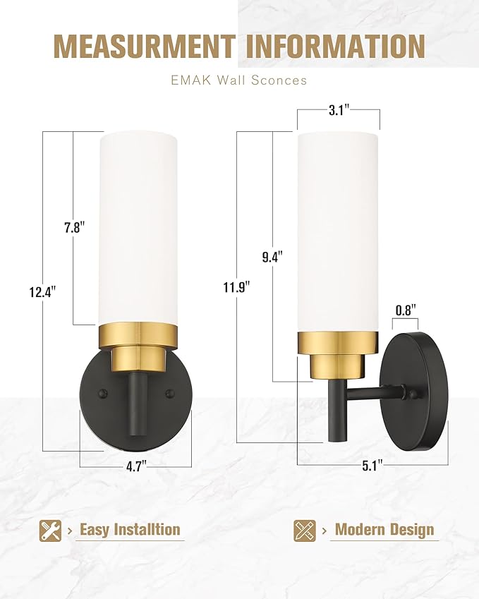 Emak Modern Wall Sconce, Black Gold Bathroom Light Fixtures with Milk Glass Shade, 2 Pack Wall Lamp for Bathroom, Bedroom, Living Room, Hallway, WS085-BKBGD-ML-2PK